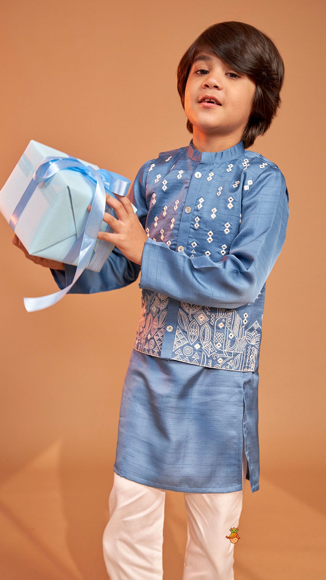 Blue Kurta With Embroidered Jacket And Pyjama
