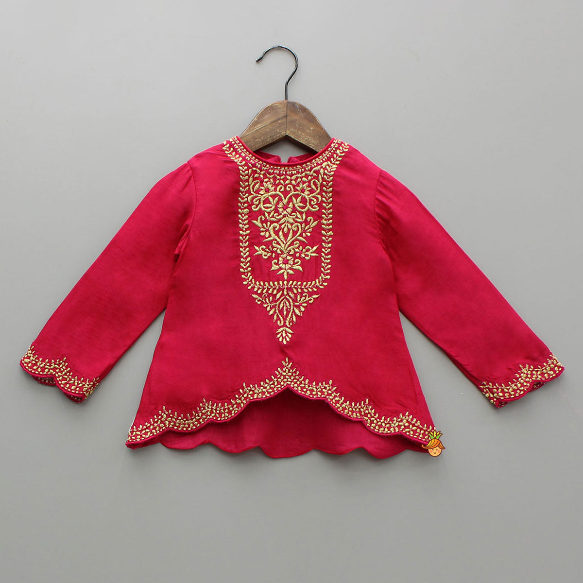 Pink Embroidered High-Low Top With Printed Dhoti