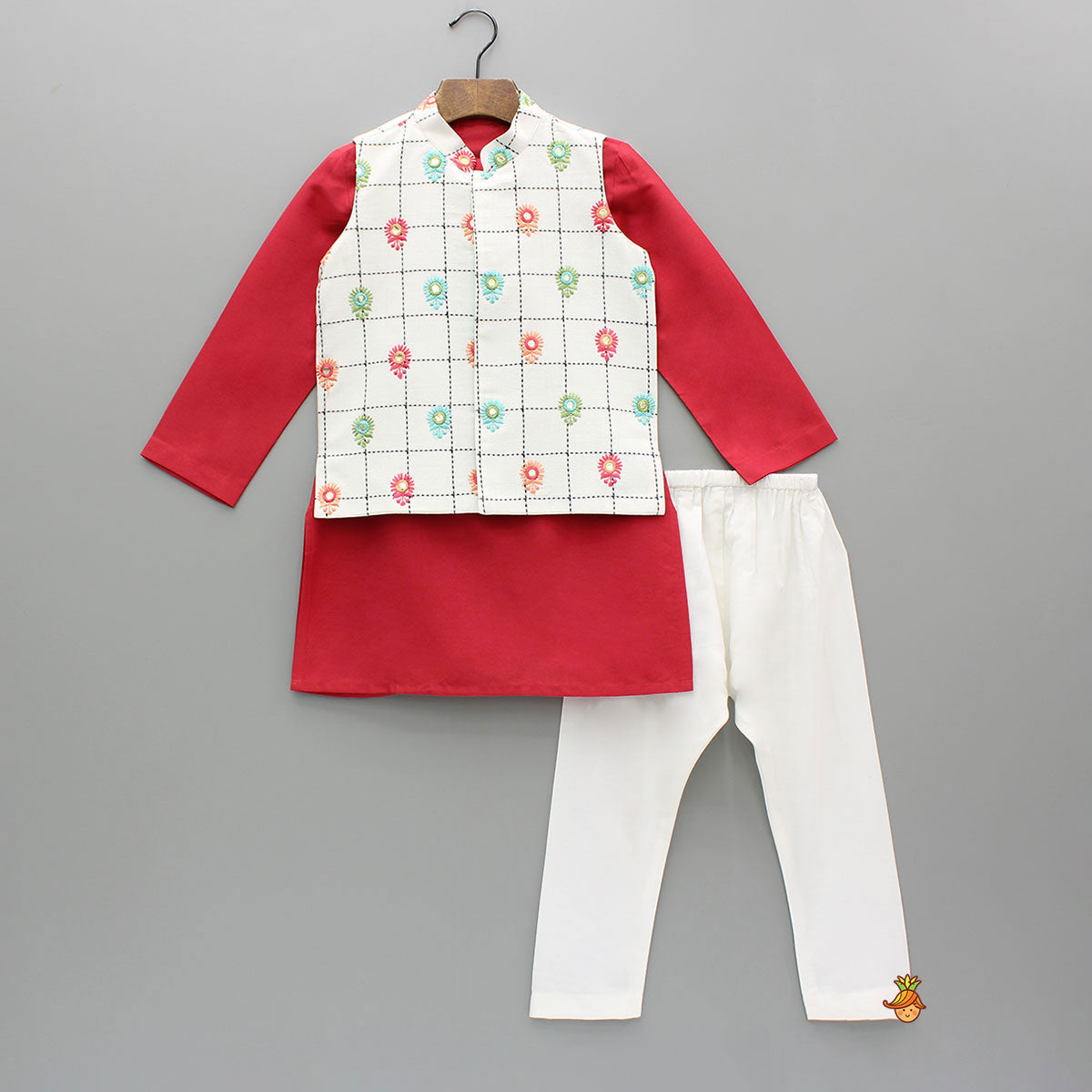 Red Kurta With Multicolor Embroidered Jacket And Pyjama