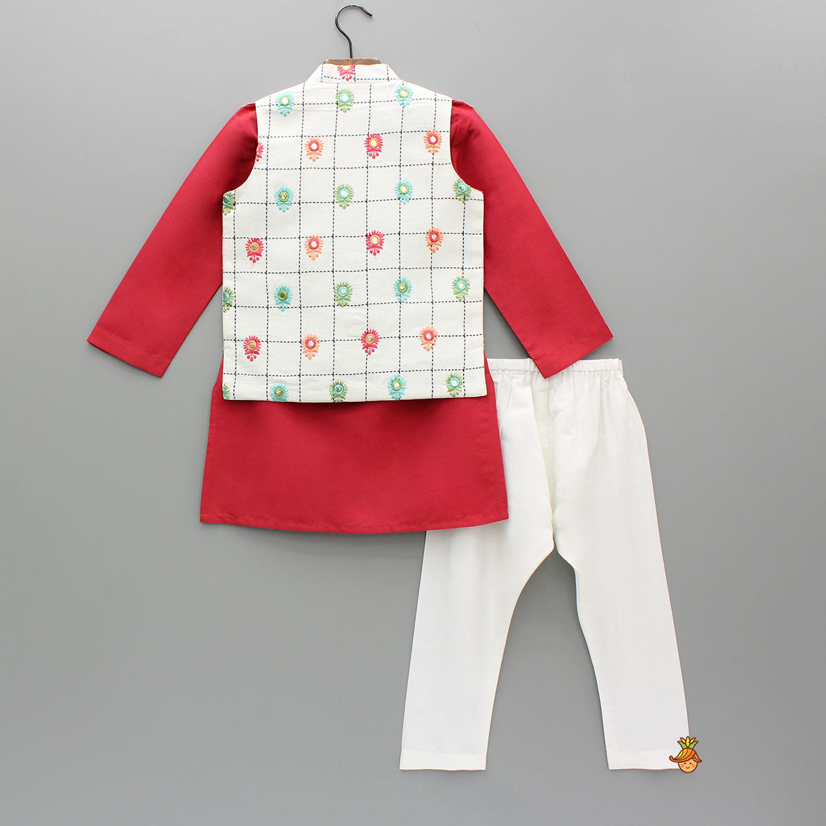 Red Kurta With Multicolor Embroidered Jacket And Pyjama