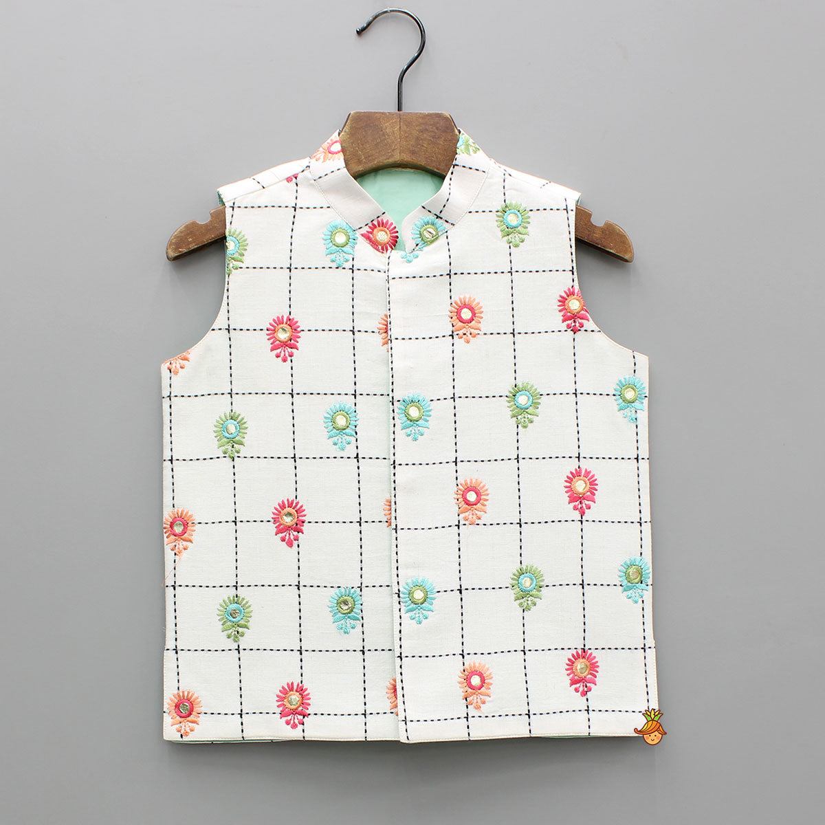 Red Kurta With Multicolor Embroidered Jacket And Pyjama