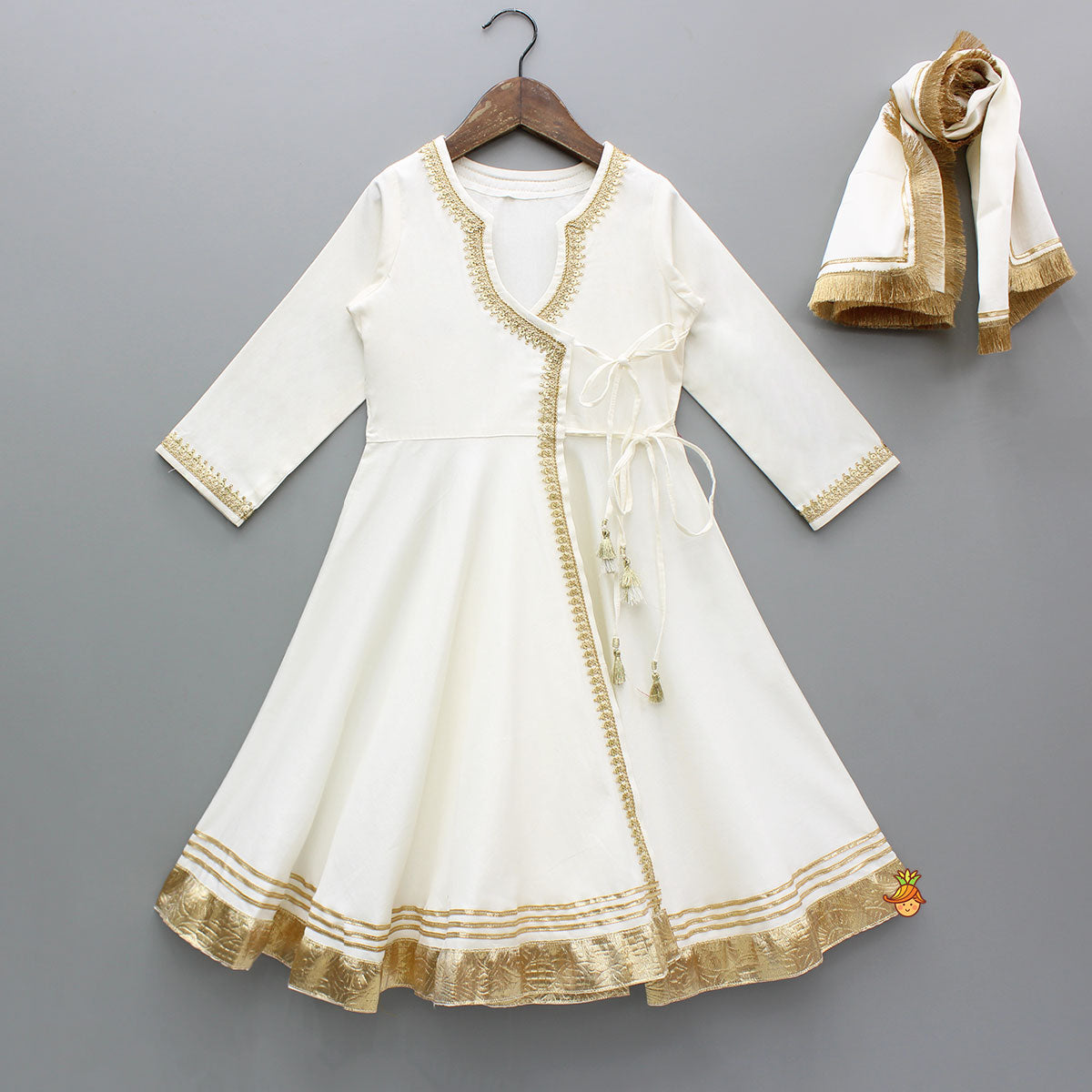 Off White Wrap Style Lace Detailed Anarkali With Dupatta