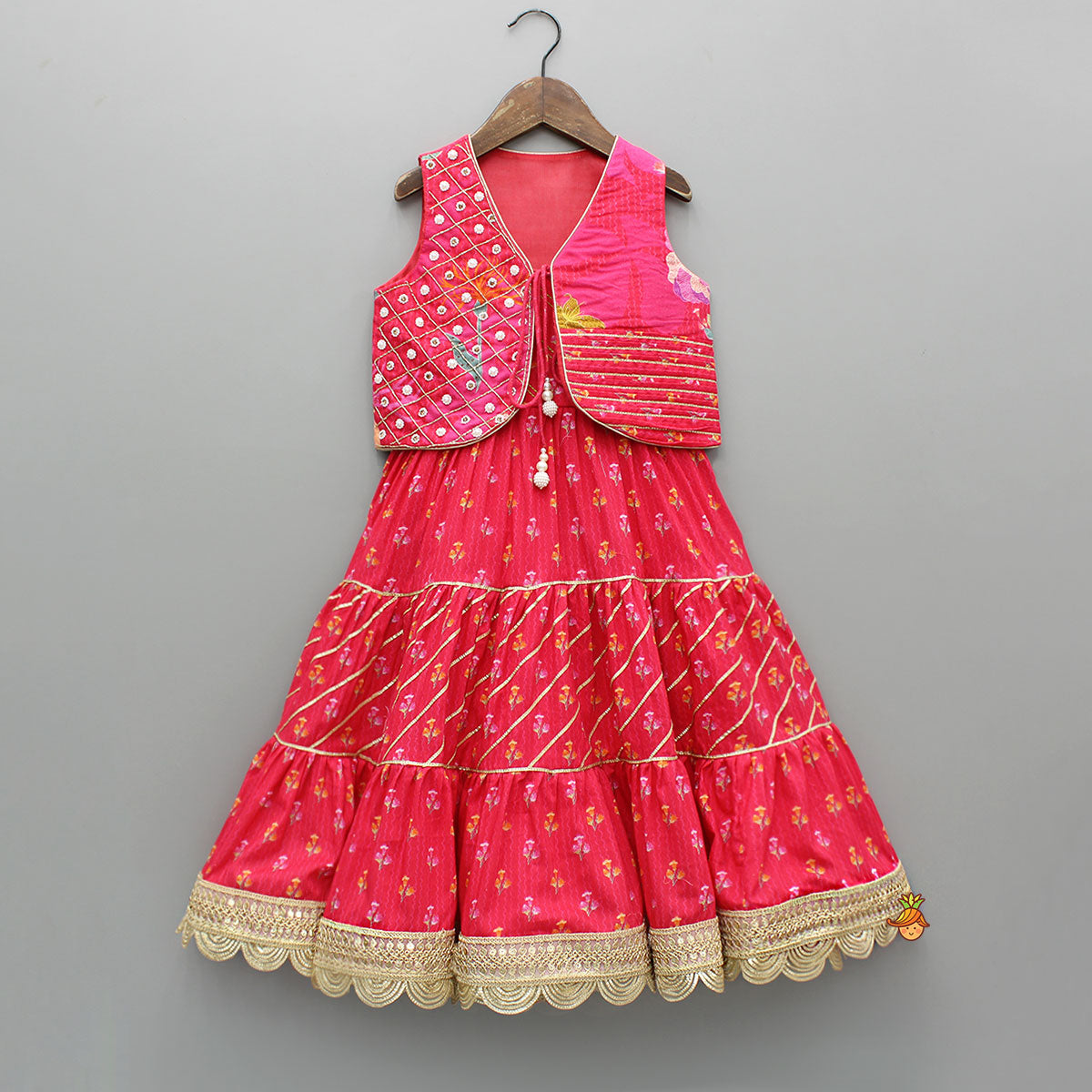 Pink Printed And Embellished Strappy Kurti With Embroidered Jacket