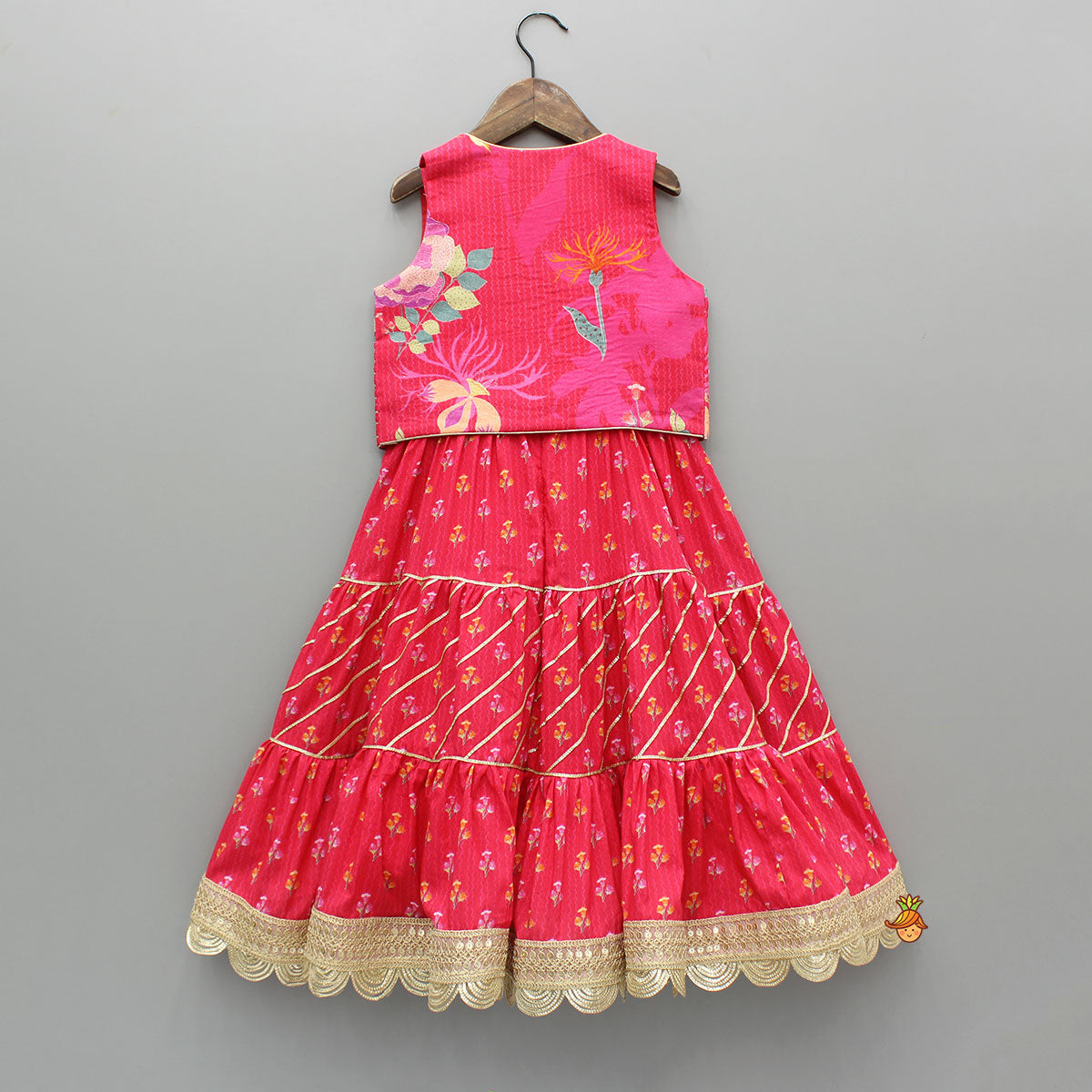 Pink Printed And Embellished Strappy Kurti With Embroidered Jacket