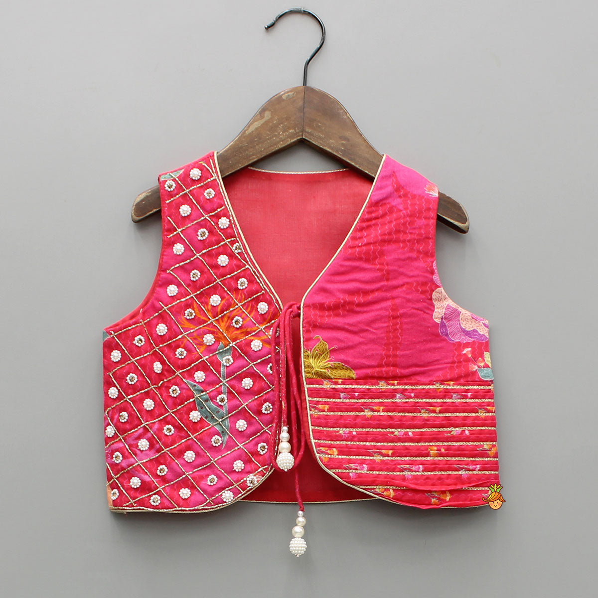 Pink Printed And Embellished Strappy Kurti With Embroidered Jacket