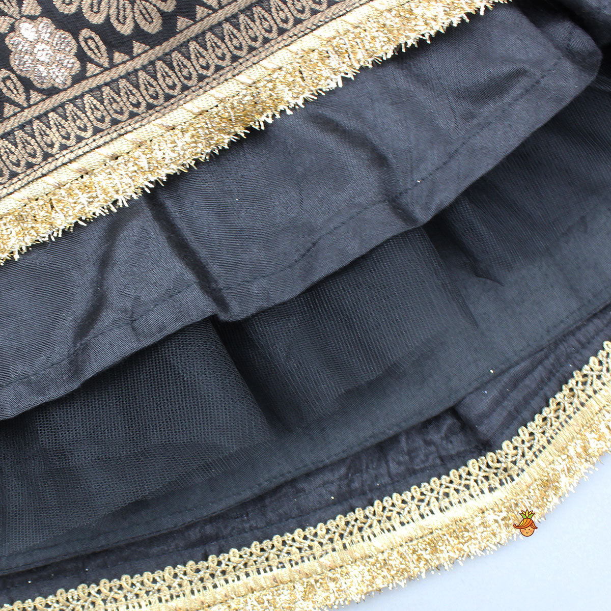 Gorgeous Studded Black Velvet Top With Brocade Embroidered Lehenga And Shimmery Dupatta With Potli Bag