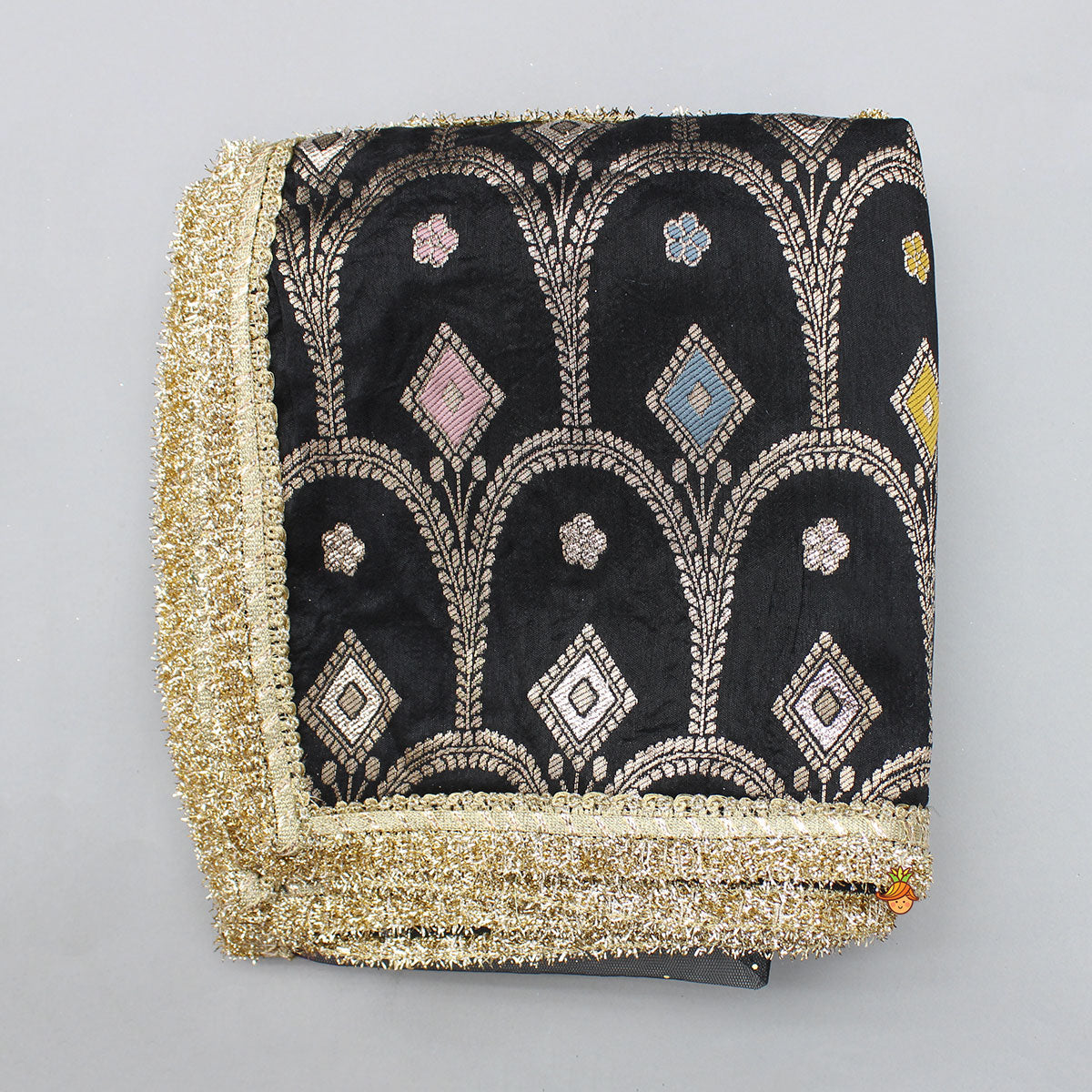 Gorgeous Studded Black Velvet Top With Brocade Embroidered Lehenga And Shimmery Dupatta With Potli Bag