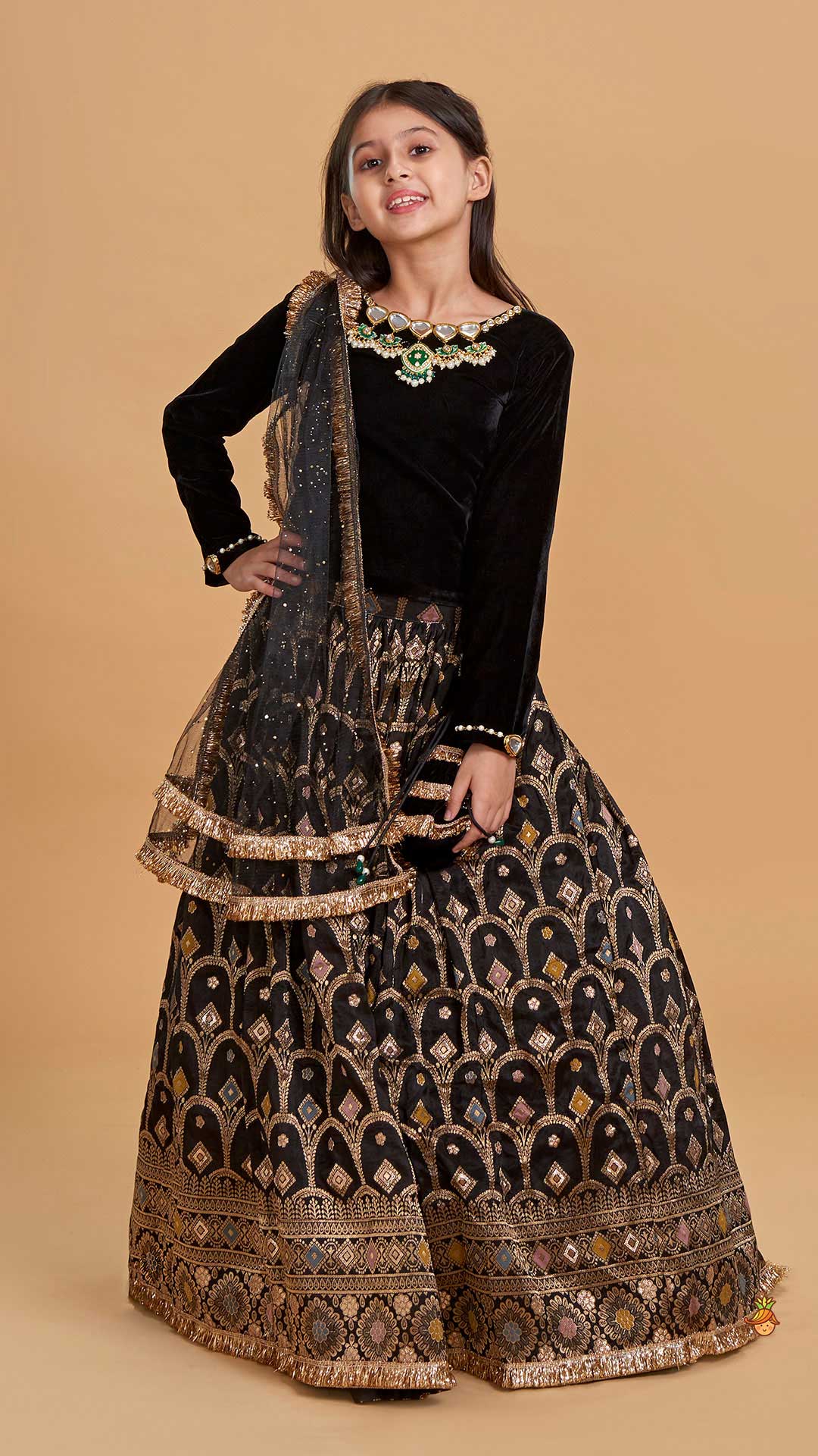 Gorgeous Studded Black Velvet Top With Brocade Embroidered Lehenga And Shimmery Dupatta With Potli Bag
