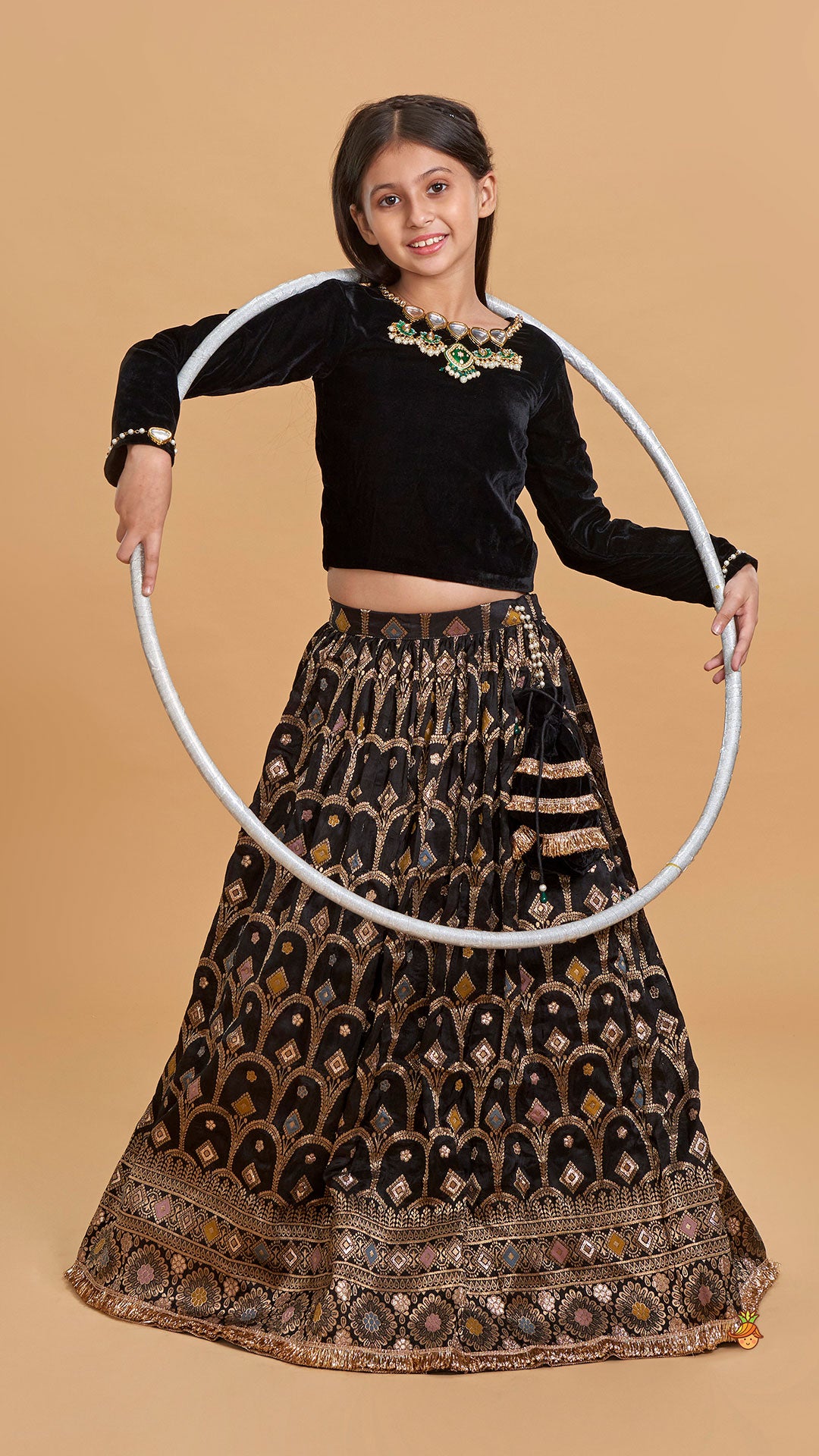 Gorgeous Studded Black Velvet Top With Brocade Embroidered Lehenga And Shimmery Dupatta With Potli Bag