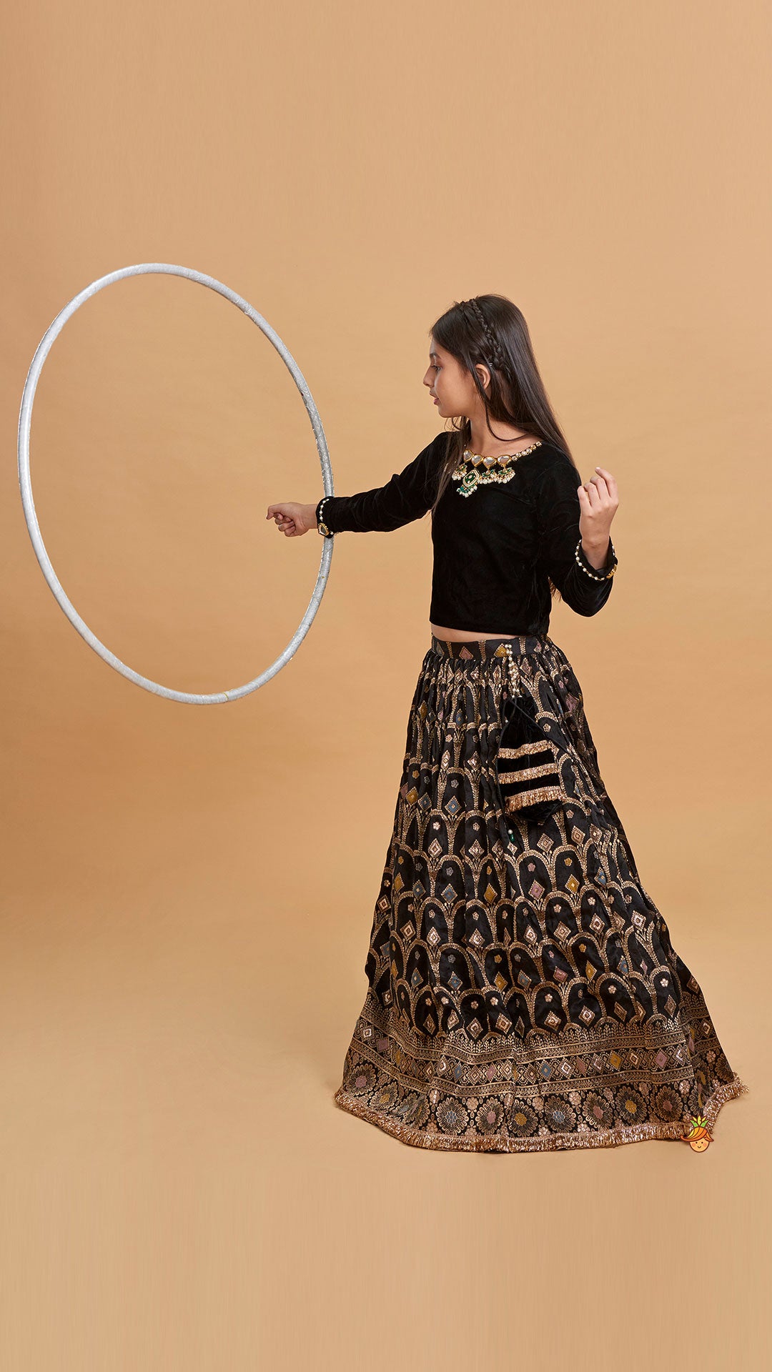 Gorgeous Studded Black Velvet Top With Brocade Embroidered Lehenga And Shimmery Dupatta With Potli Bag