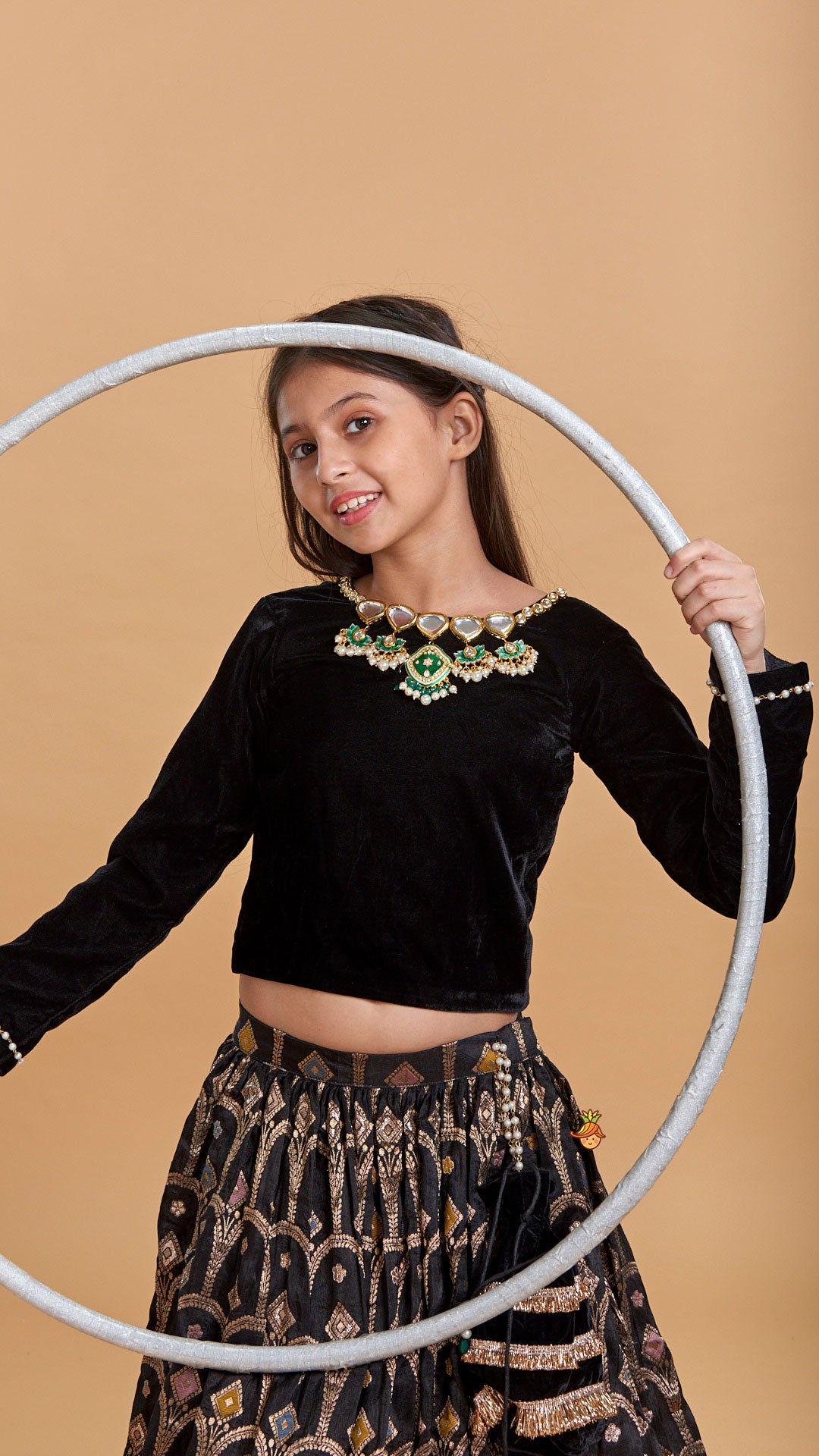 Gorgeous Studded Black Velvet Top With Brocade Embroidered Lehenga And Shimmery Dupatta With Potli Bag