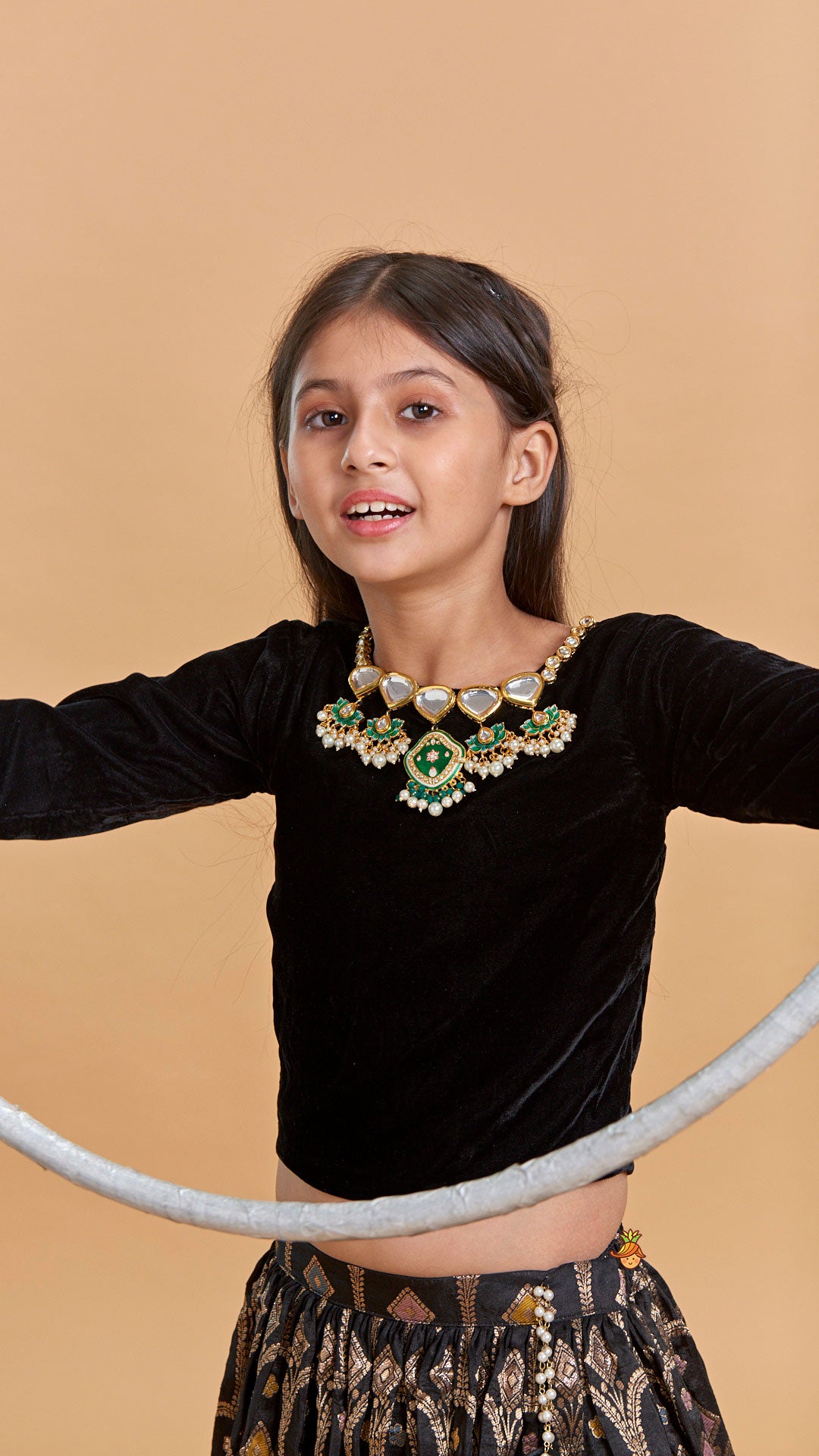 Gorgeous Studded Black Velvet Top With Brocade Embroidered Lehenga And Shimmery Dupatta With Potli Bag