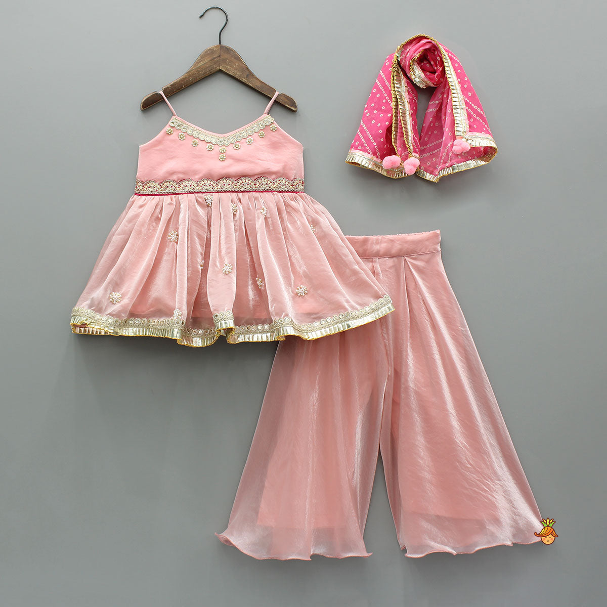 Pink Embroidered Strappy Top And Palazzo With Bandhani Print Dupatta
