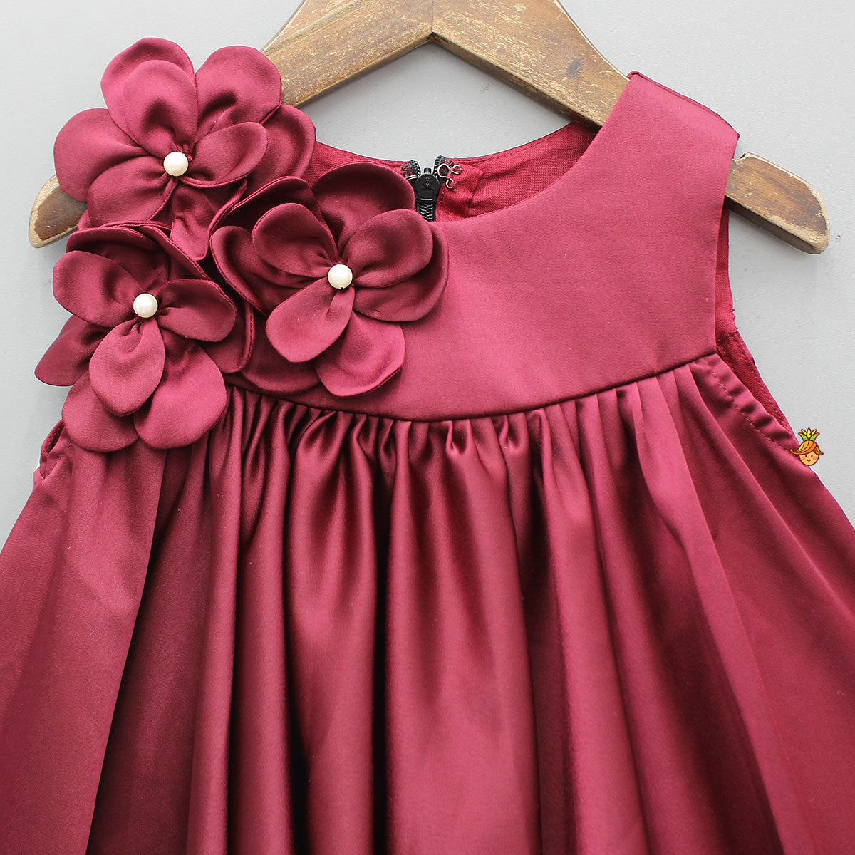 Maroon Flared Dress With Floral Embellishments