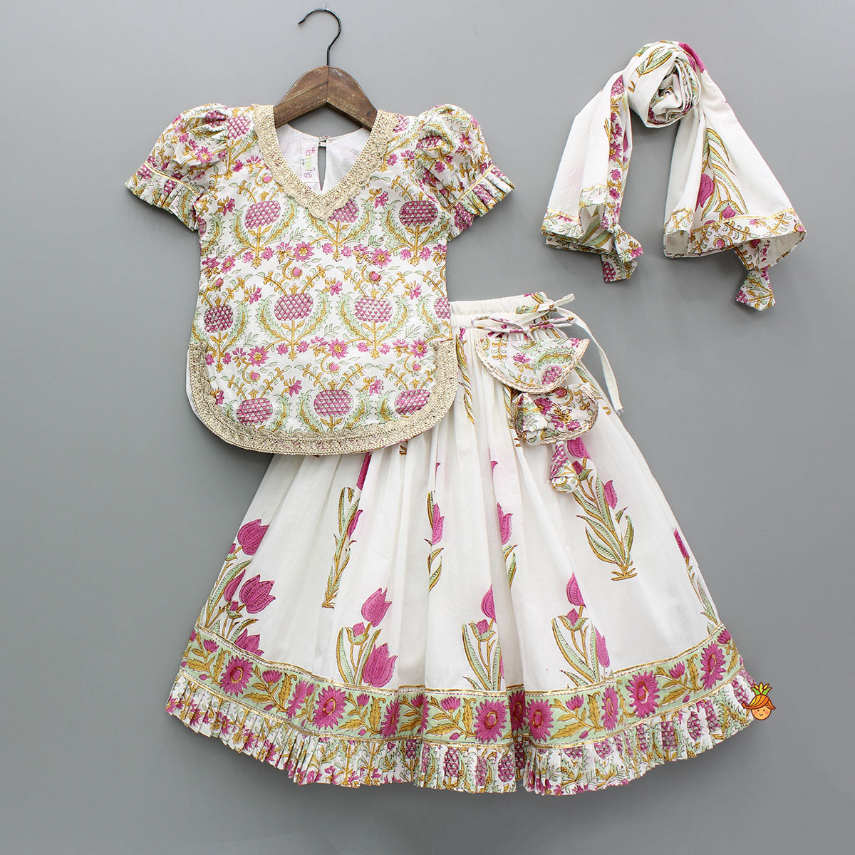 Floral Block Print Top With Lehenga And Dupatta