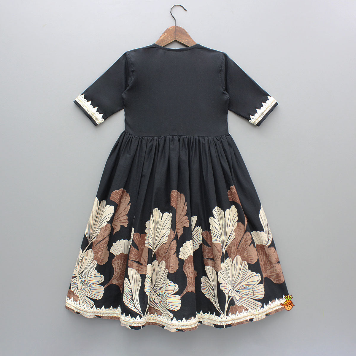 Black Kurti With Printed Gota Lace Detailed Front Open Jacket