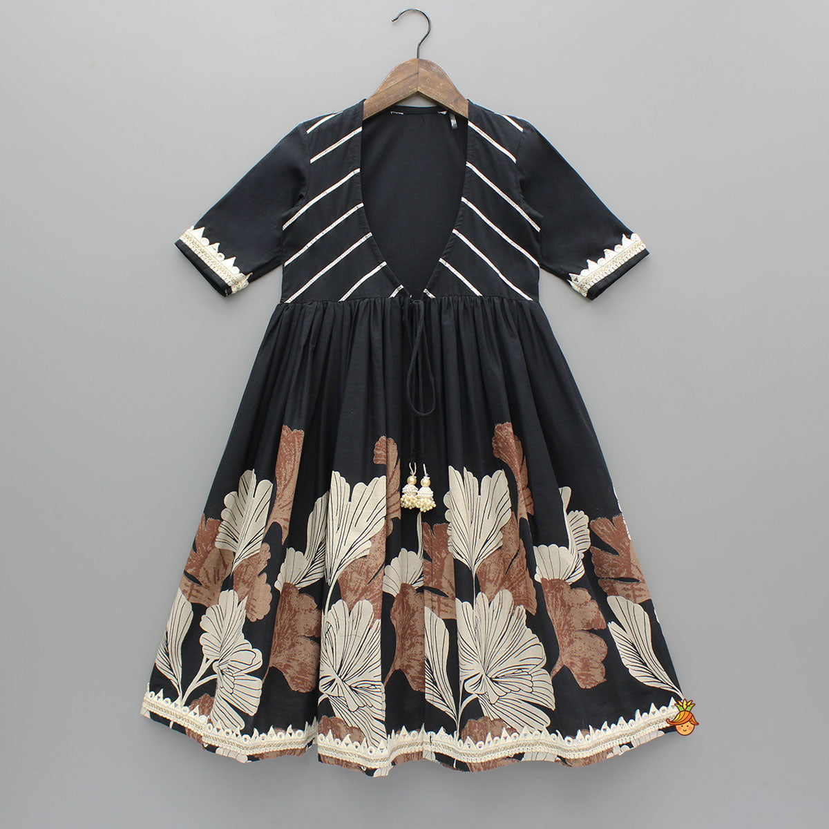 Black Kurti With Printed Gota Lace Detailed Front Open Jacket