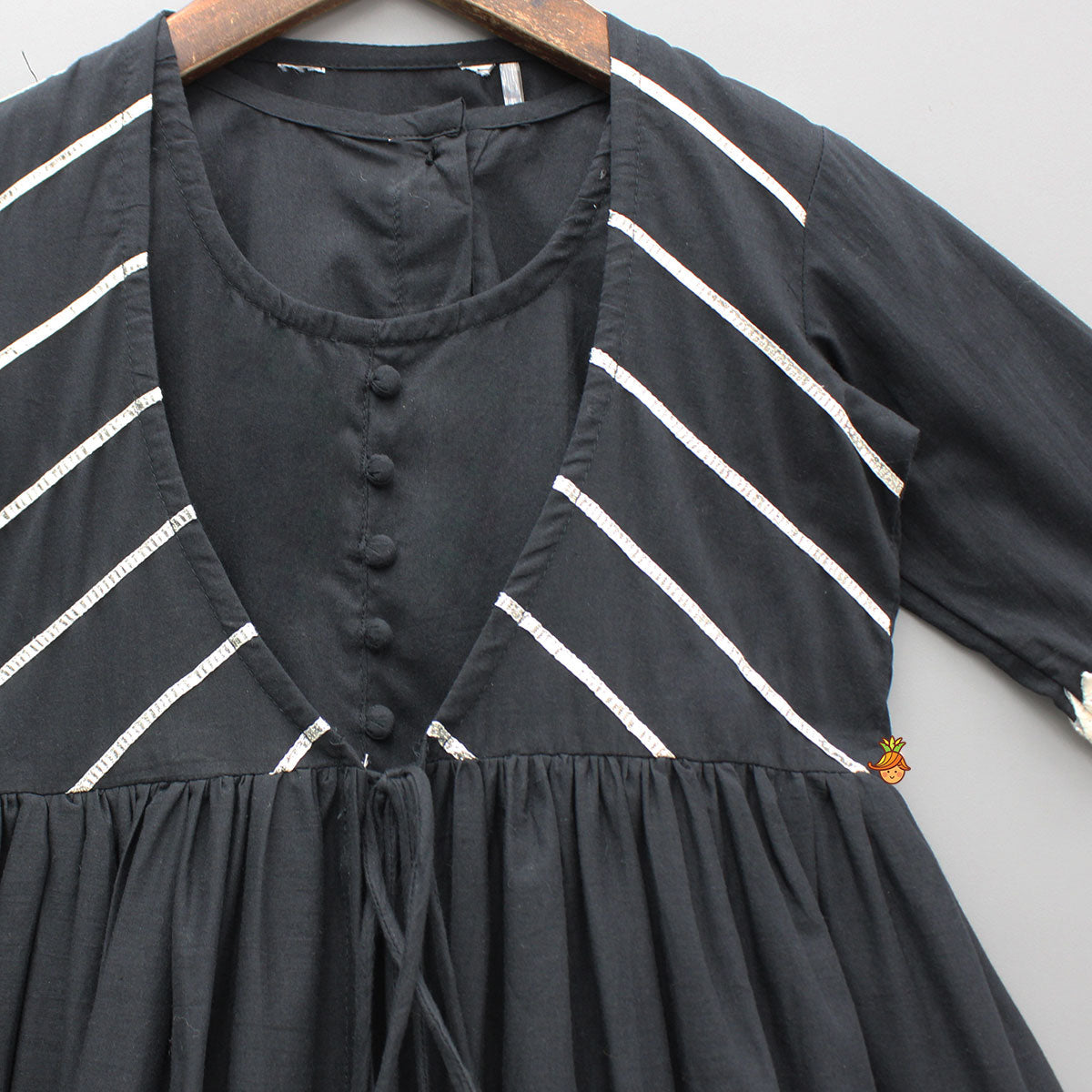 Black Kurti With Printed Gota Lace Detailed Front Open Jacket