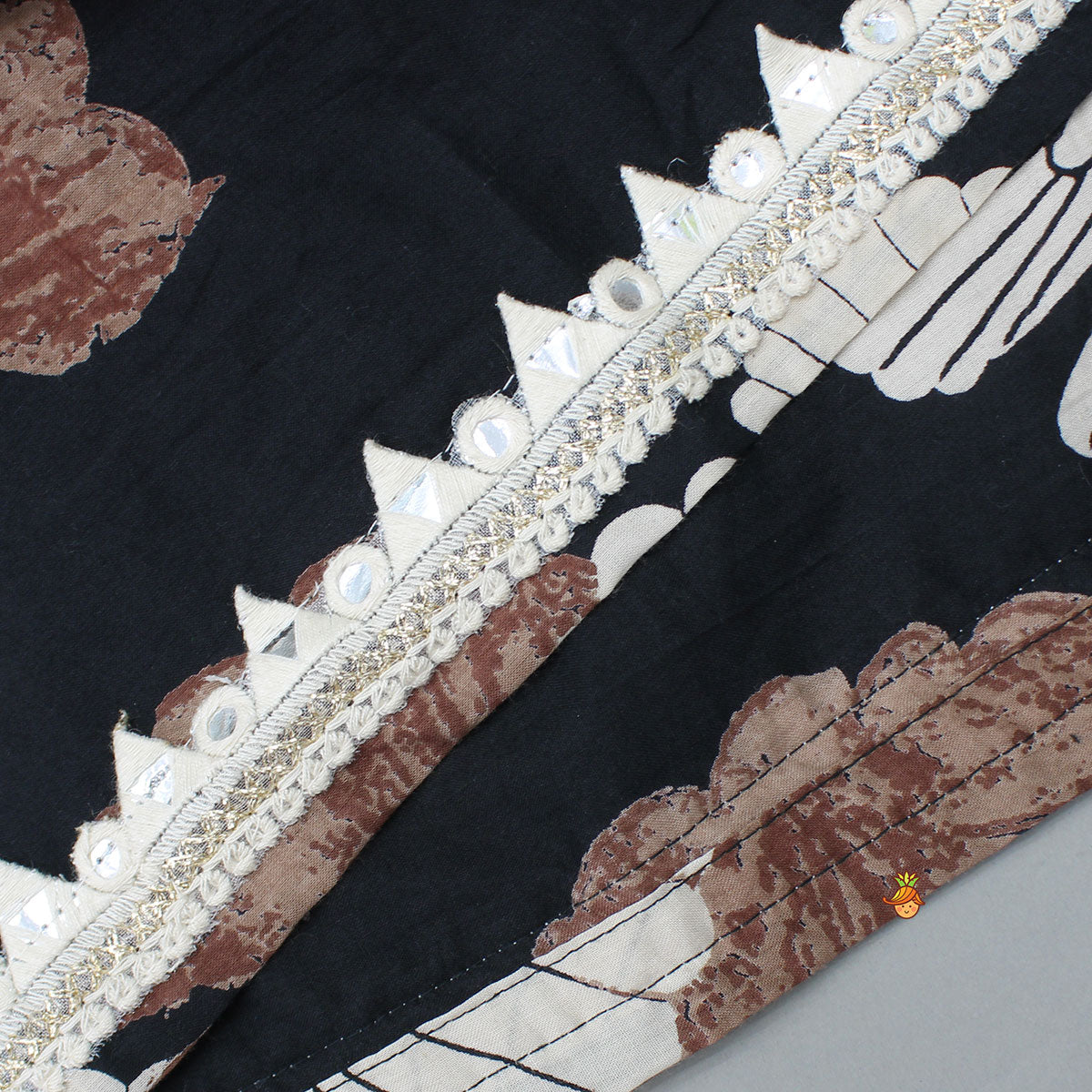 Black Kurti With Printed Gota Lace Detailed Front Open Jacket