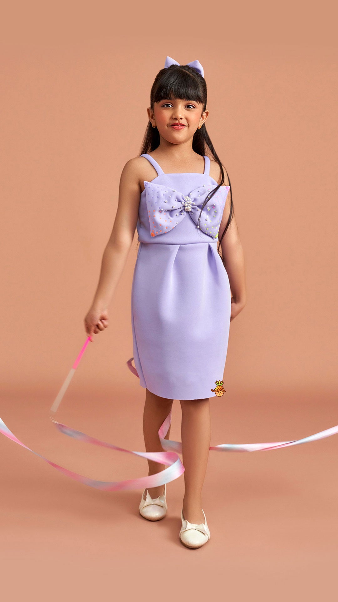 Lavender Bow Embellished Strappy Dress With Matching Bow Hairclip