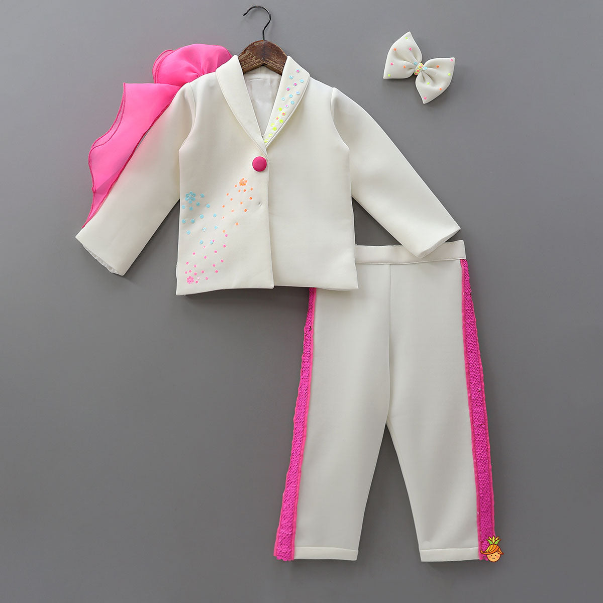 Embellished Blazer Style Top With Pant And Bow Hair Clip