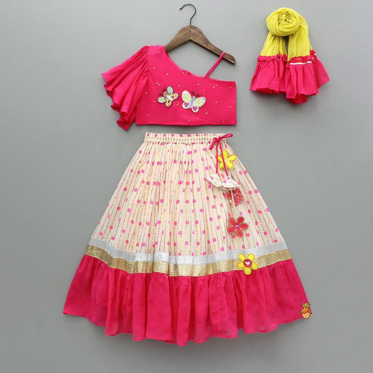 Pink Embroidered One Shoulder Top And Lehenga With Dupatta