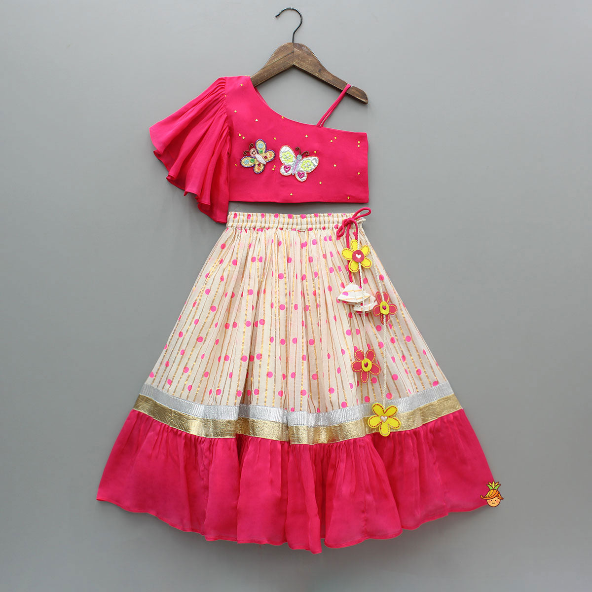 Pink Embroidered One Shoulder Top And Lehenga With Dupatta