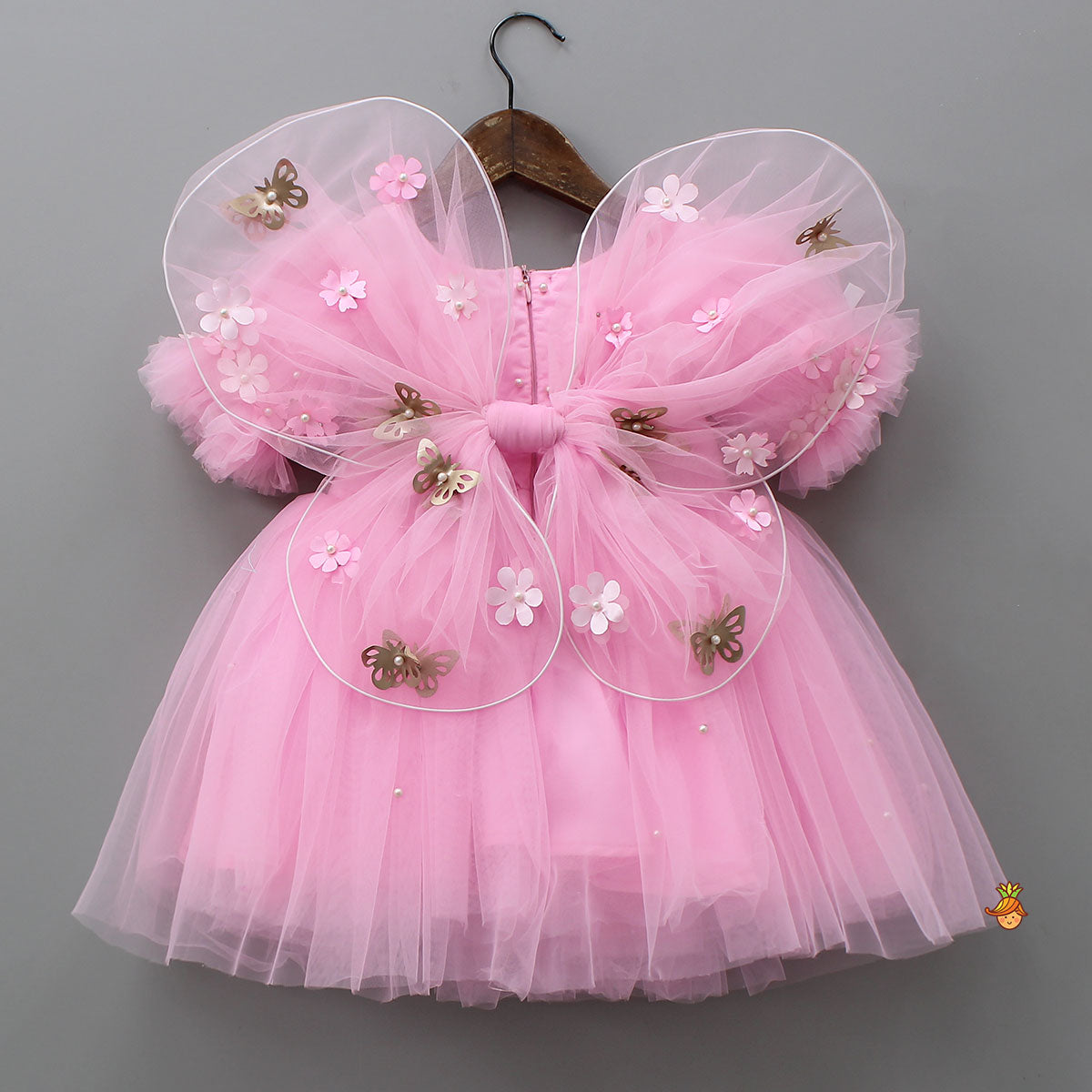 Pink Embellished Dress With Butterfly Wings And Swirled Bow Hairclip