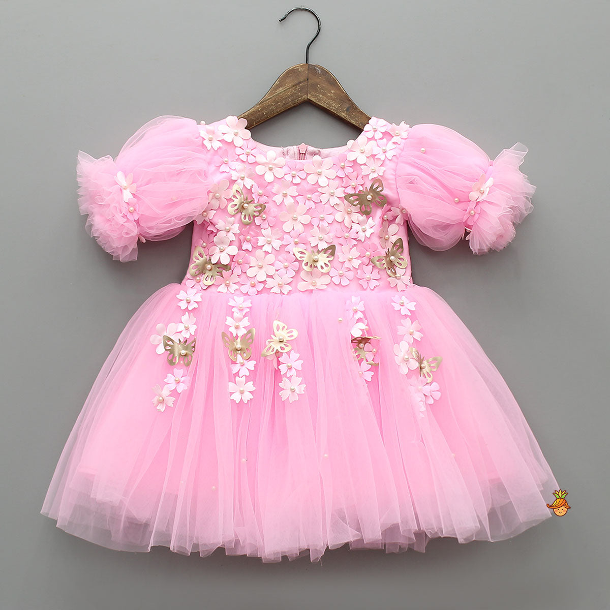 Pink Embellished Dress With Butterfly Wings And Swirled Bow Hairclip