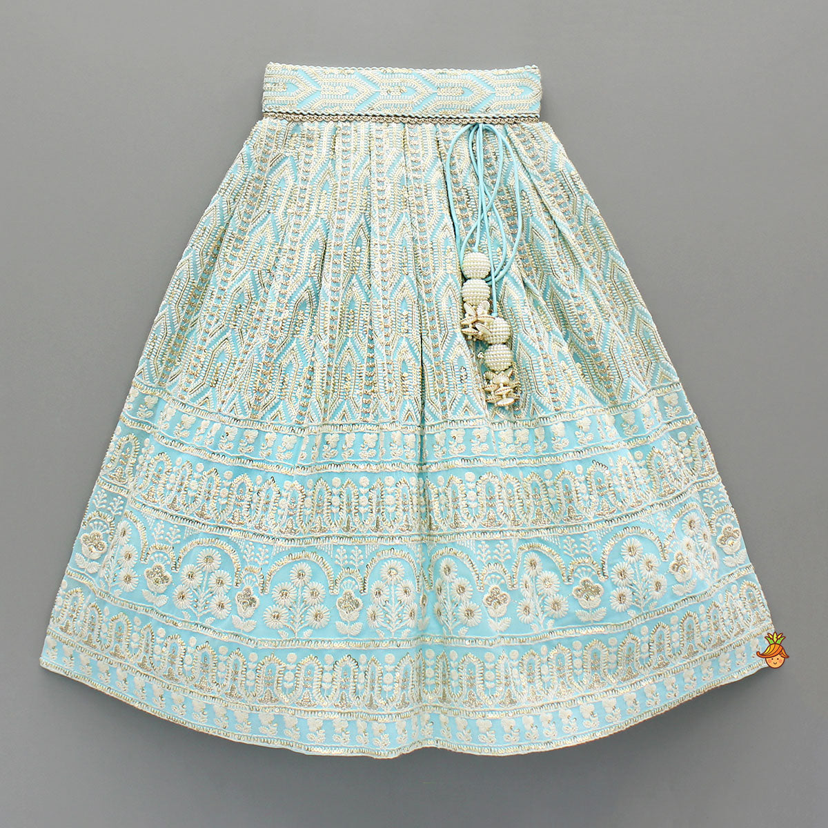 Blue Embroidered Top And Lehenga With Dupatta And Matching Potli Bag