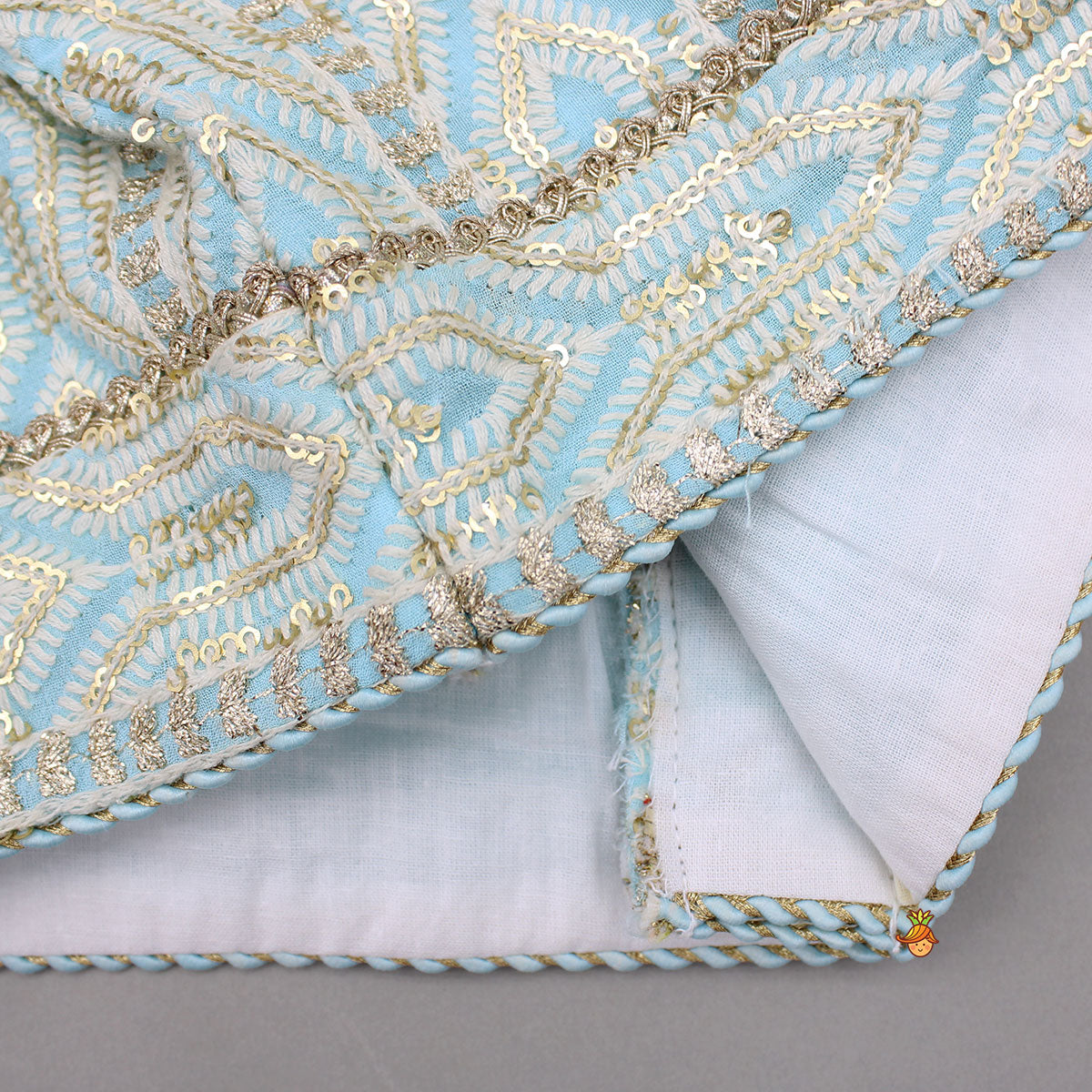 Blue Embroidered Top And Lehenga With Dupatta And Matching Potli Bag