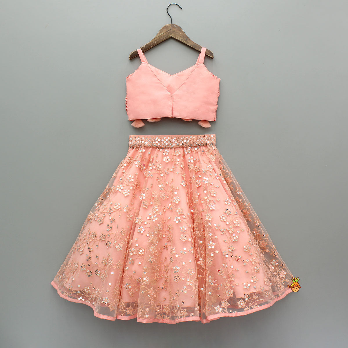 Peach Draped Knot Mirror Detailed Top With Embroidered Flared Lehenga And Dupatta