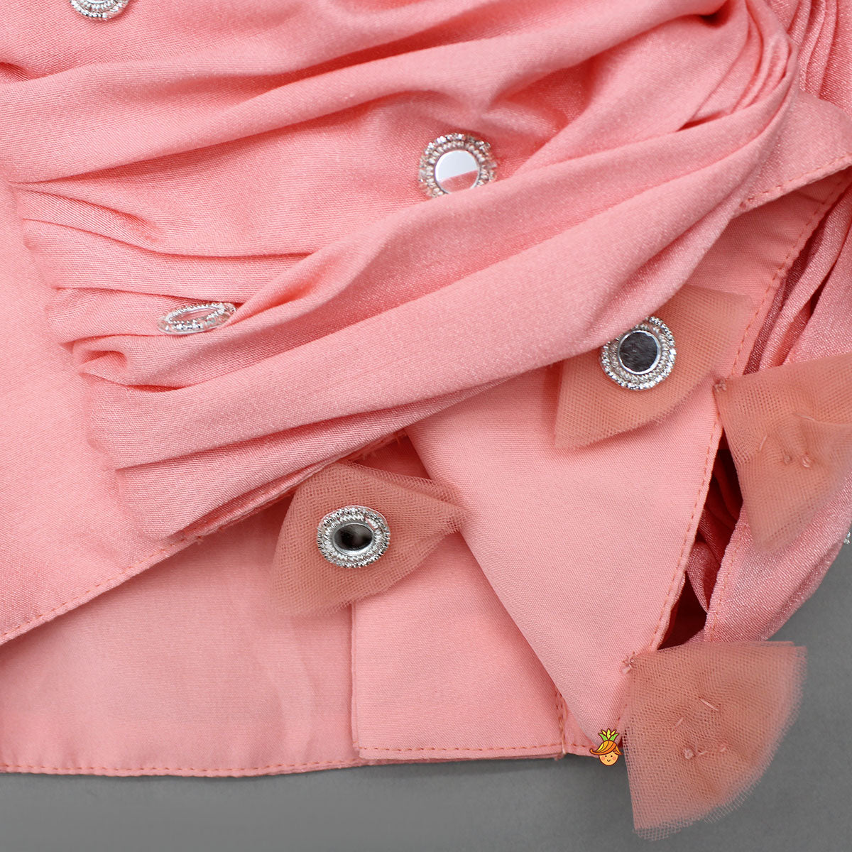 Peach Draped Knot Mirror Detailed Top With Embroidered Flared Lehenga And Dupatta