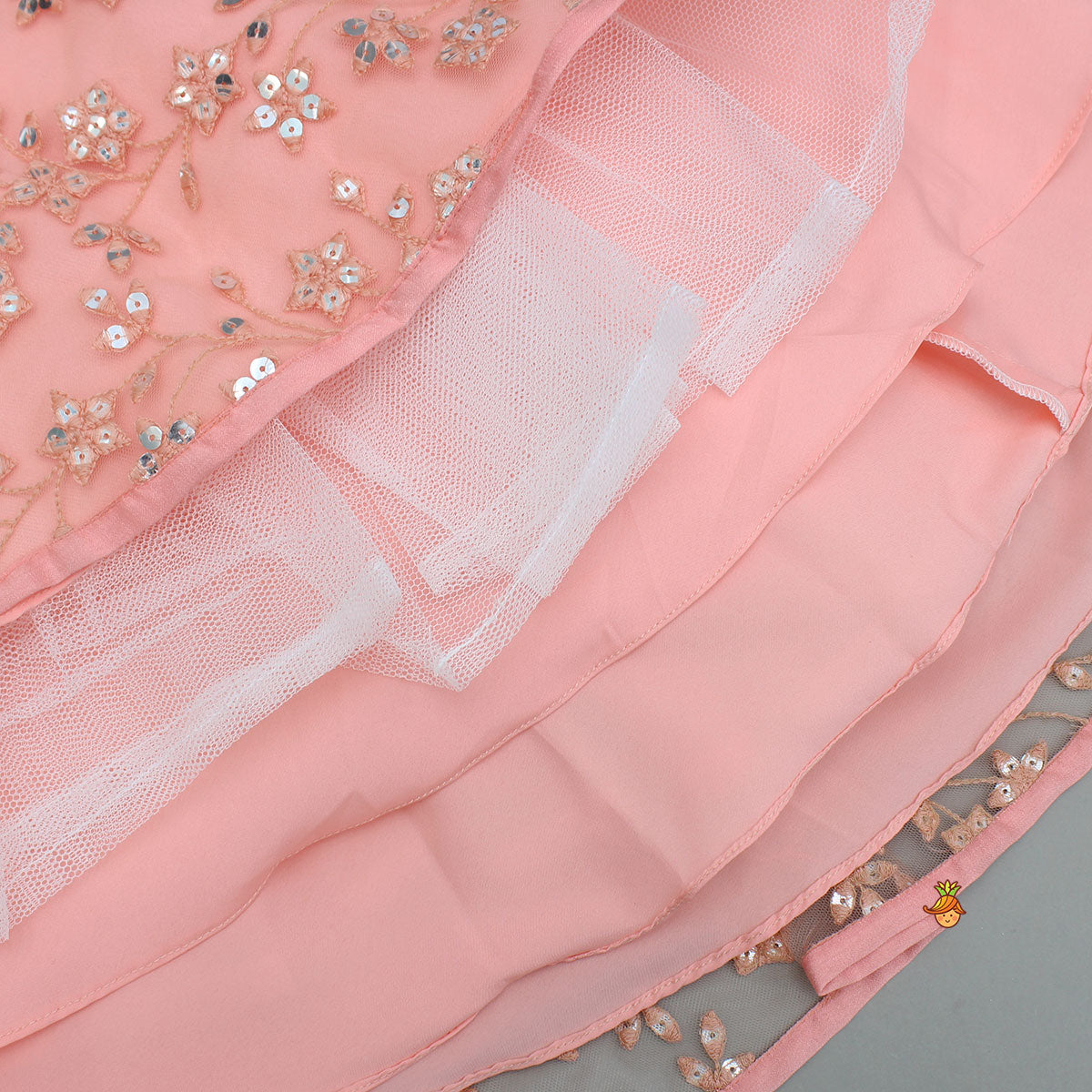 Peach Draped Knot Mirror Detailed Top With Embroidered Flared Lehenga And Dupatta