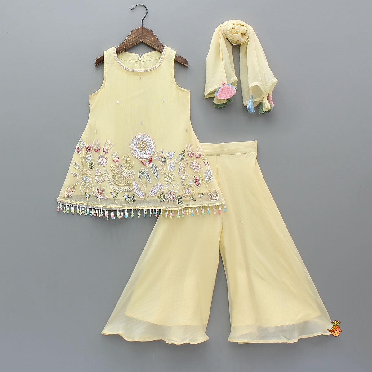 Yellow Sleeveless Floral Embroidered Kurti With Flared Palazzo And Dupatta