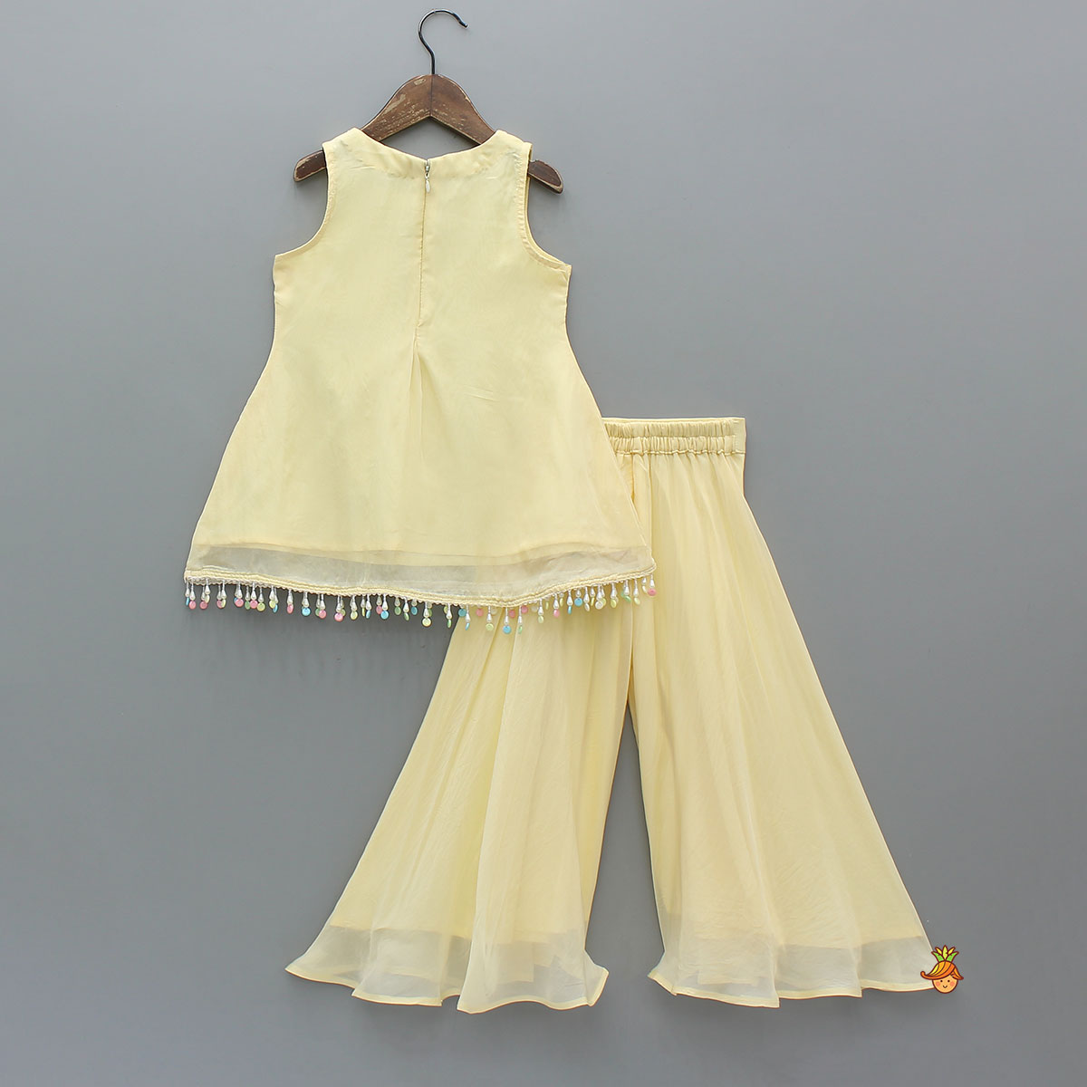 Yellow Sleeveless Floral Embroidered Kurti With Flared Palazzo And Dupatta