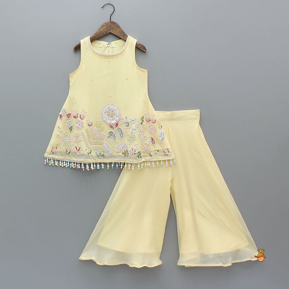 Yellow Sleeveless Floral Embroidered Kurti With Flared Palazzo And Dupatta