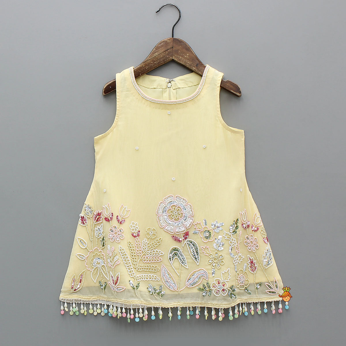 Yellow Sleeveless Floral Embroidered Kurti With Flared Palazzo And Dupatta