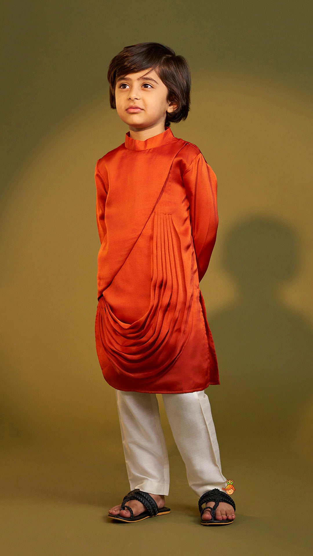 Rust Flap Kurta With Pleated Drape Detailing And Pant