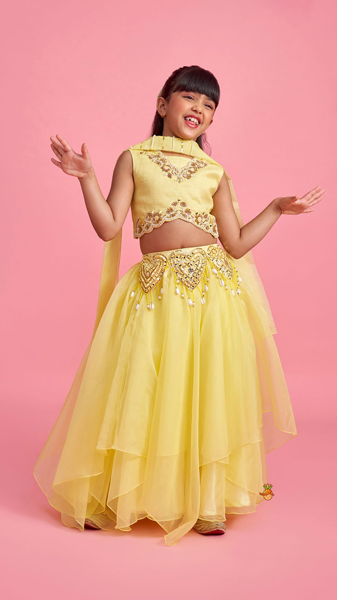Yellow Embroidered Top And Stylish Layered Lehenga With Dupatta