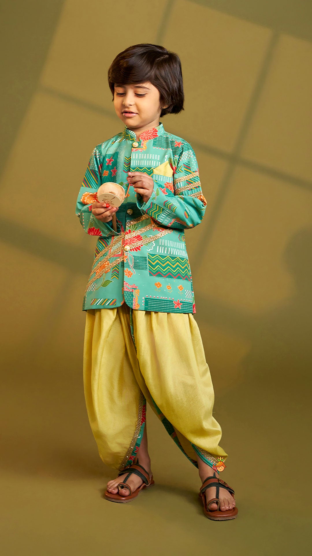 Green Printed Lace Detailed Sherwani And Dhoti