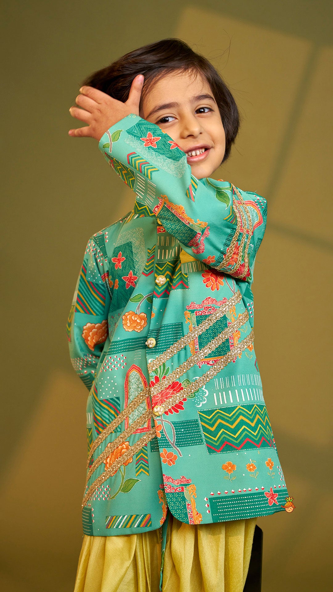 Green Printed Lace Detailed Sherwani And Dhoti