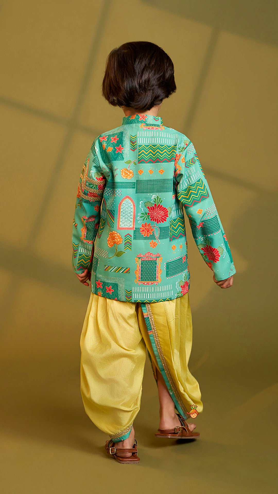 Green Printed Lace Detailed Sherwani And Dhoti