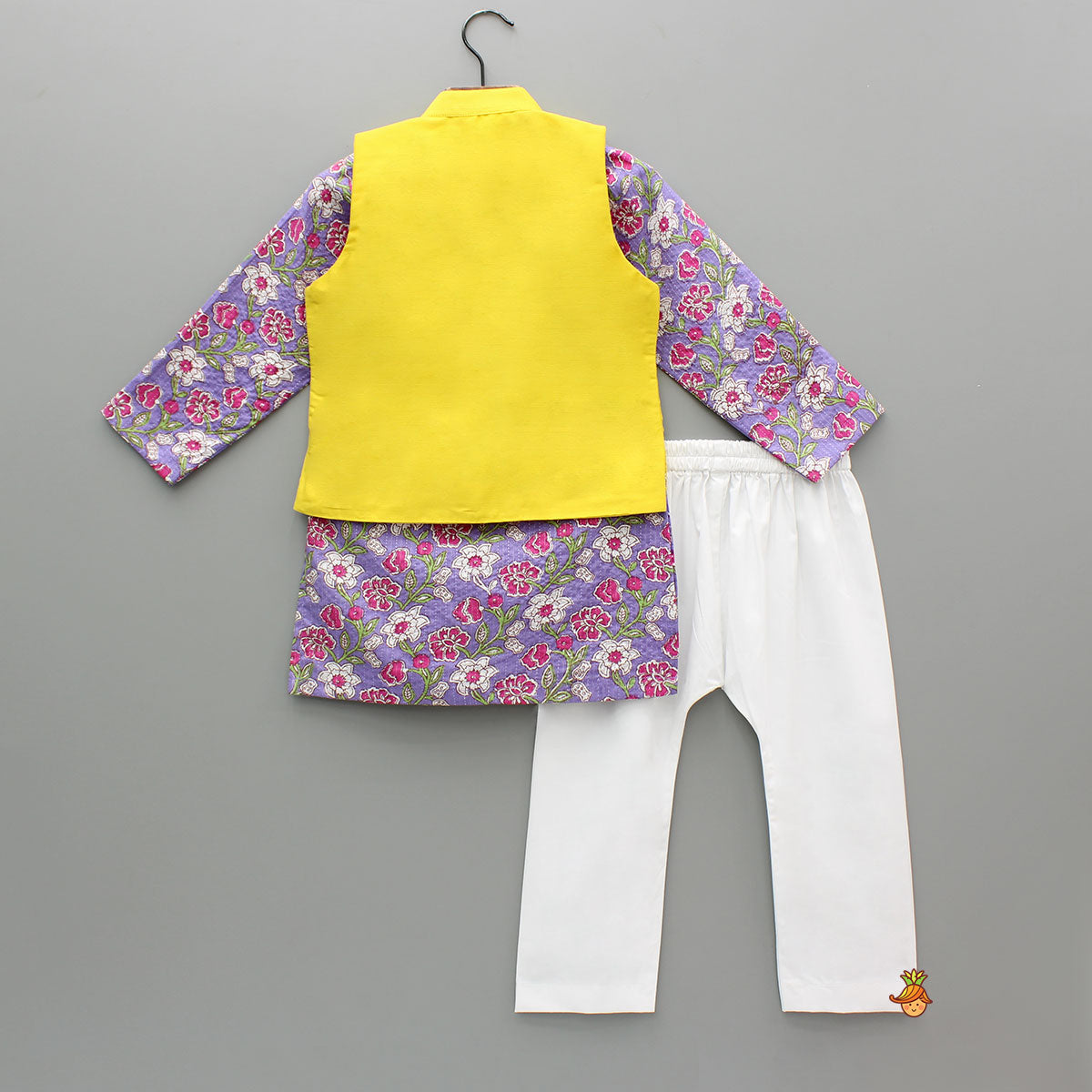 Purple Floral Printed Kurta With Yellow Jacket And Pyjama