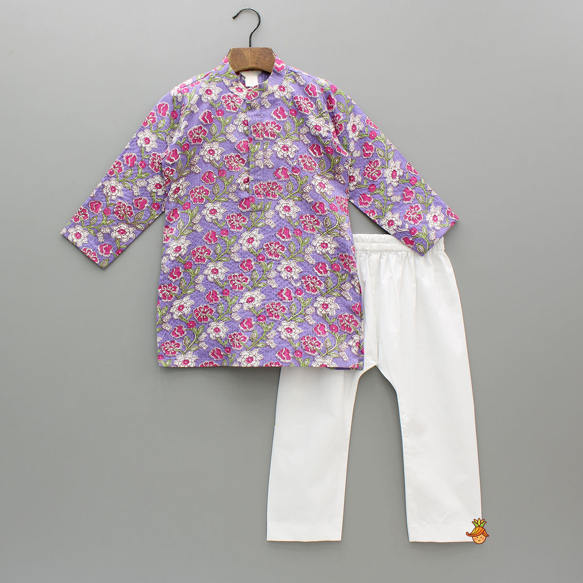 Purple Floral Printed Kurta With Yellow Jacket And Pyjama