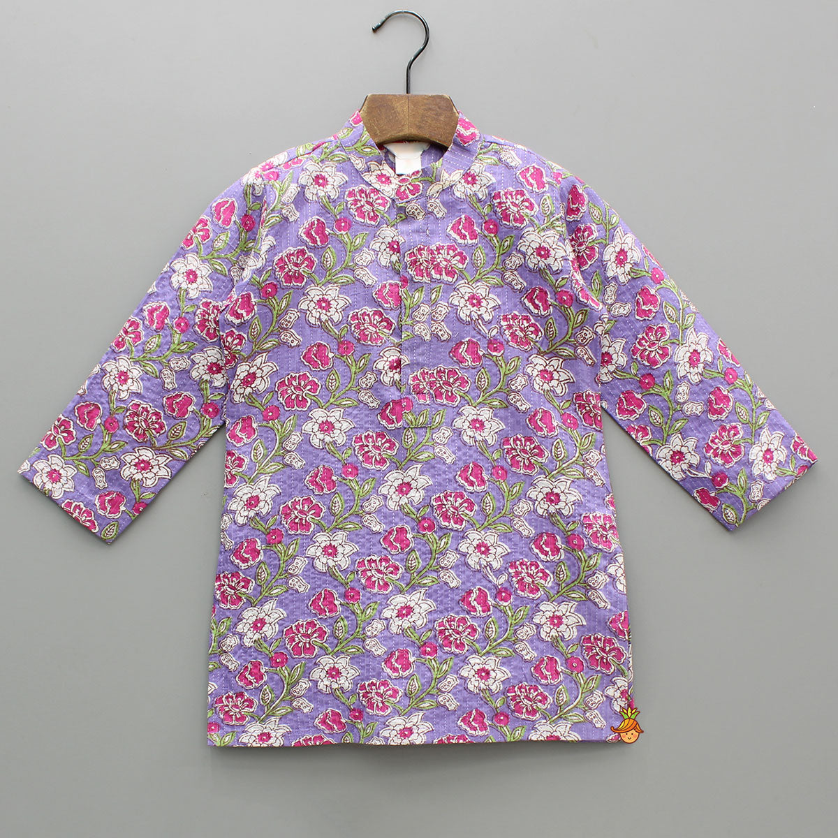 Purple Floral Printed Kurta With Yellow Jacket And Pyjama