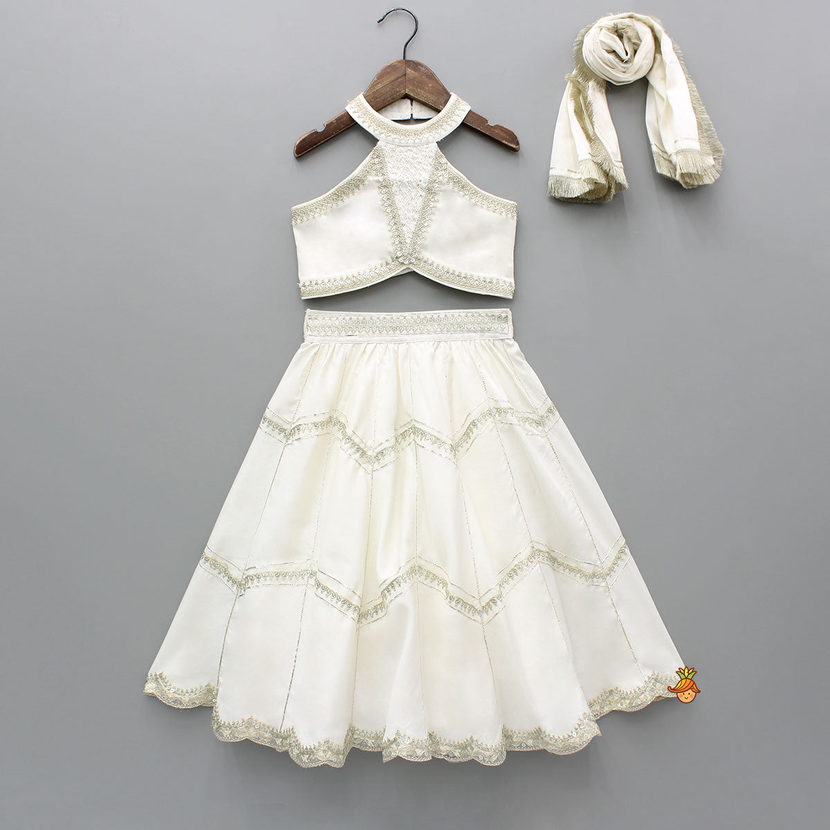 Off White Halter Neck Embellished Top And Lehenga With Dupatta