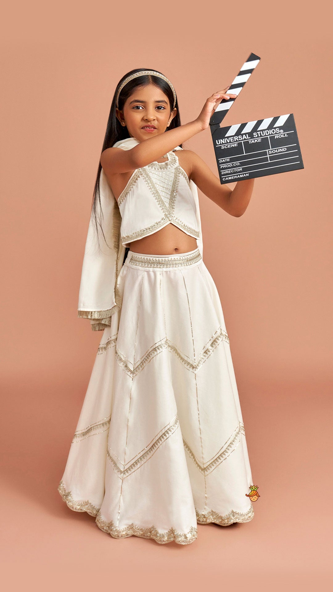 Off White Halter Neck Embellished Top And Lehenga With Dupatta