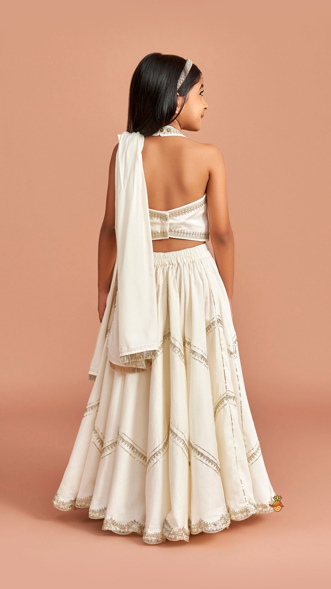 Off White Halter Neck Embellished Top And Lehenga With Dupatta