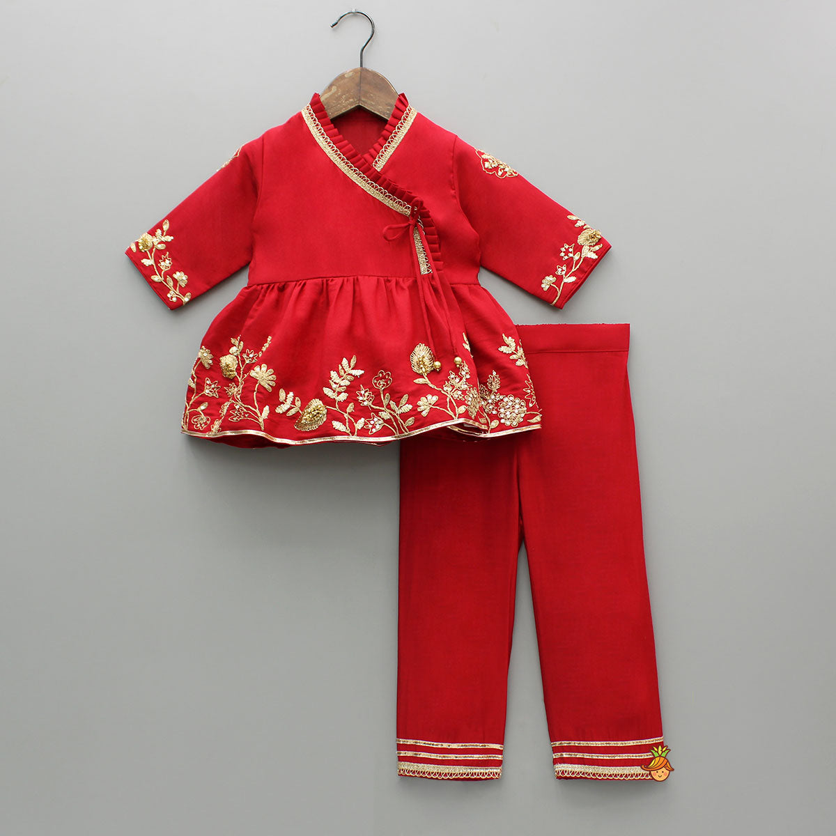 Red Angarkha Style Embroidered  Peplum Kurti And Pant